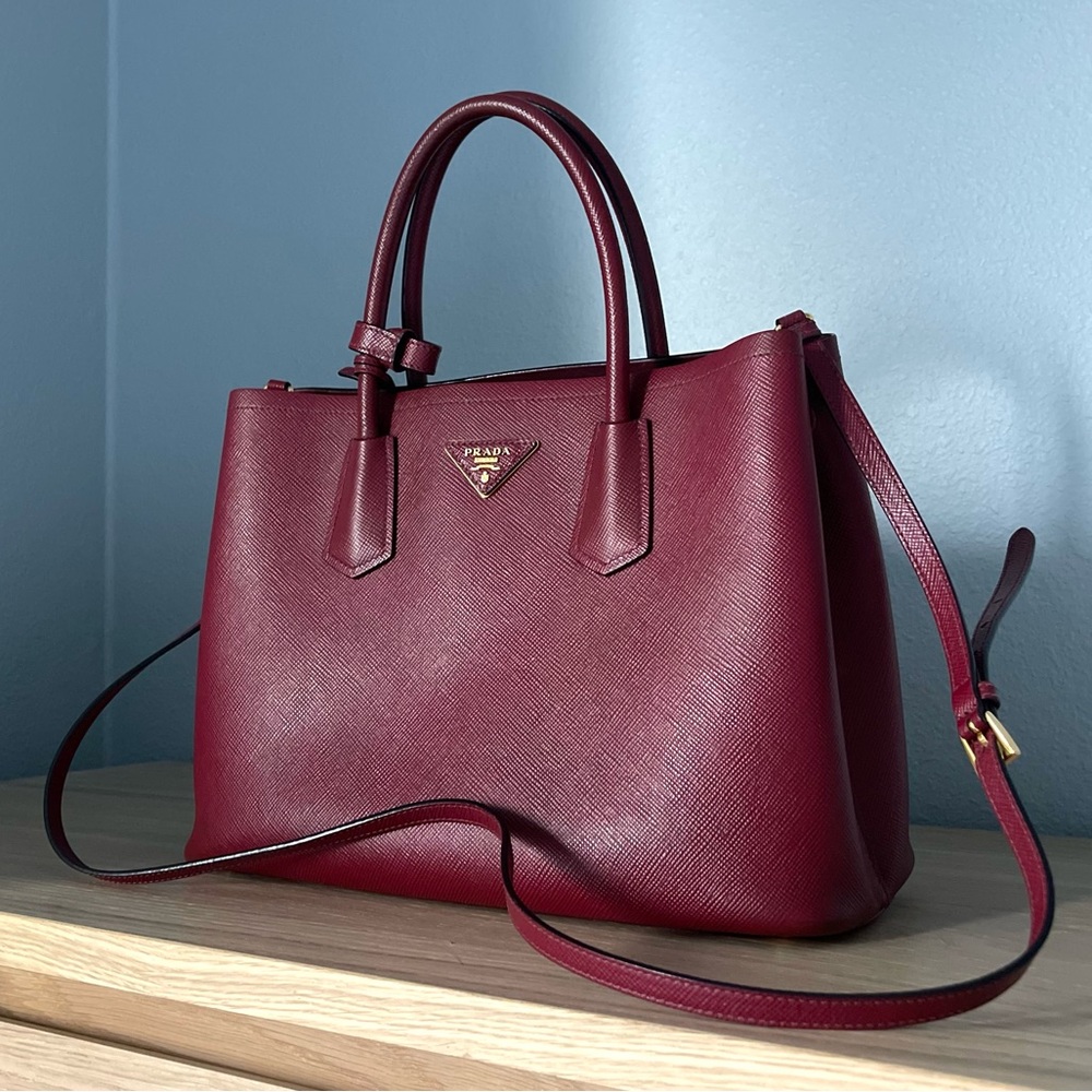 PRADA Medium Saffiano Cuir Double Bag Dark Red